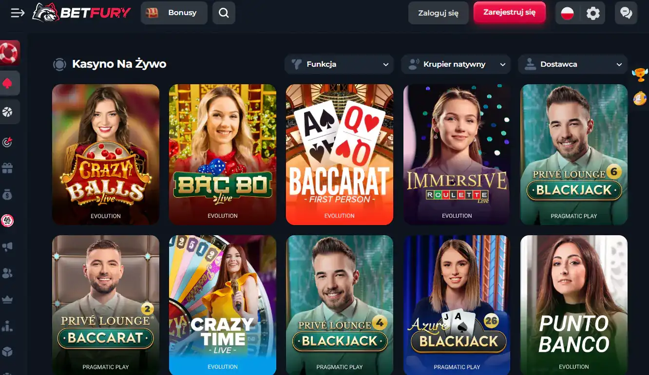 Aktualny lobby live casino BetFury z kategoriami i providerami